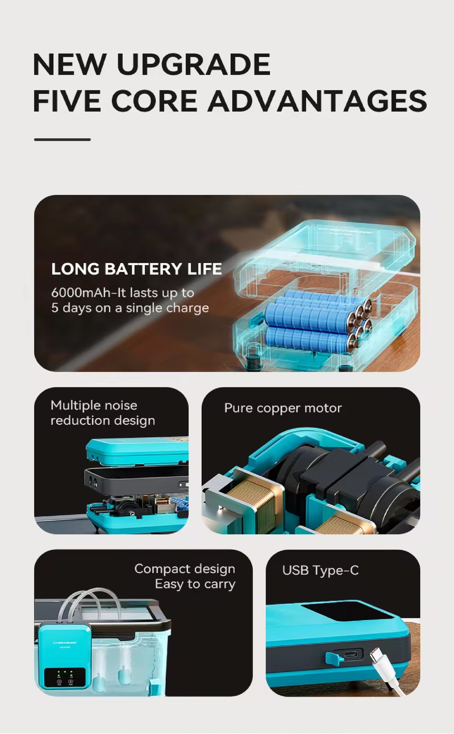 CHANING Rechargeable Aquarium Air Pump (AC/DC) with Type C charger