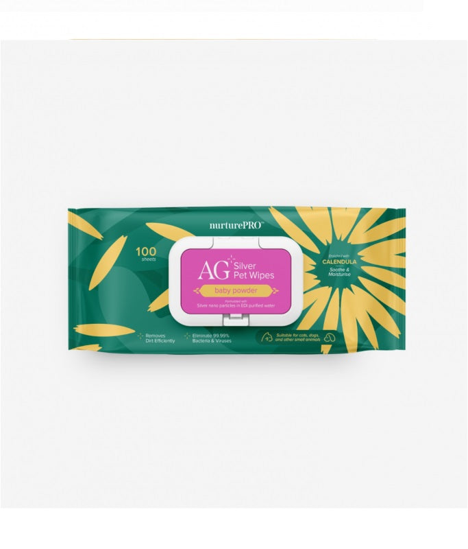 NURTUREPRO AG+ Silver Pet Wet Wipes -Baby Powder (100 Sheets/ Pack)