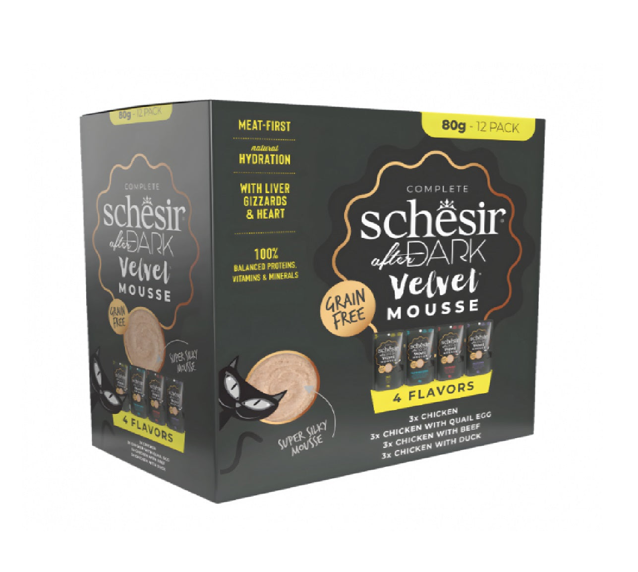 SCHESIR After Dark Velvet Mousse In Broth Variety Pack For Cat 960g (80g x12 Pouch) - 4 Flavors ( 3 Pouch Each Flavor)