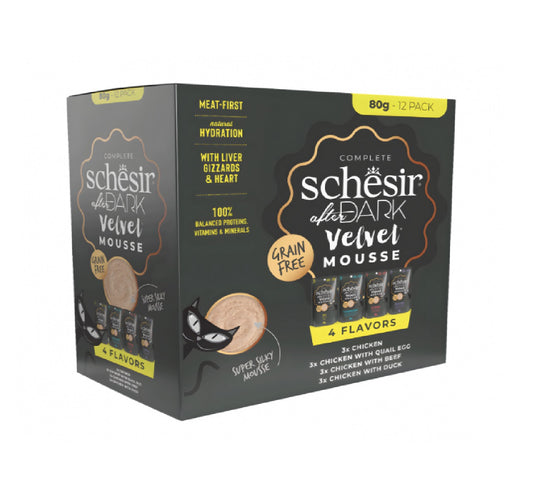 SCHESIR After Dark Velvet Mousse In Broth Variety Pack For Cat 960g (80g x12 Pouch) - 4 Flavors ( 3 Pouch Each Flavor)
