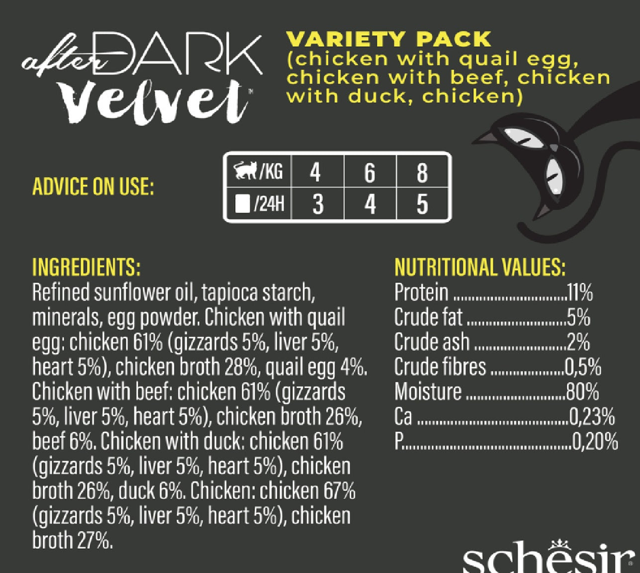 SCHESIR After Dark Velvet Mousse In Broth Variety Pack For Cat 960g (80g x12 Pouch) - 4 Flavors ( 3 Pouch Each Flavor)