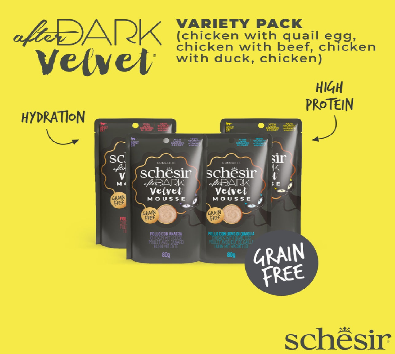 SCHESIR After Dark Velvet Mousse In Broth Variety Pack For Cat 960g (80g x12 Pouch) - 4 Flavors ( 3 Pouch Each Flavor)