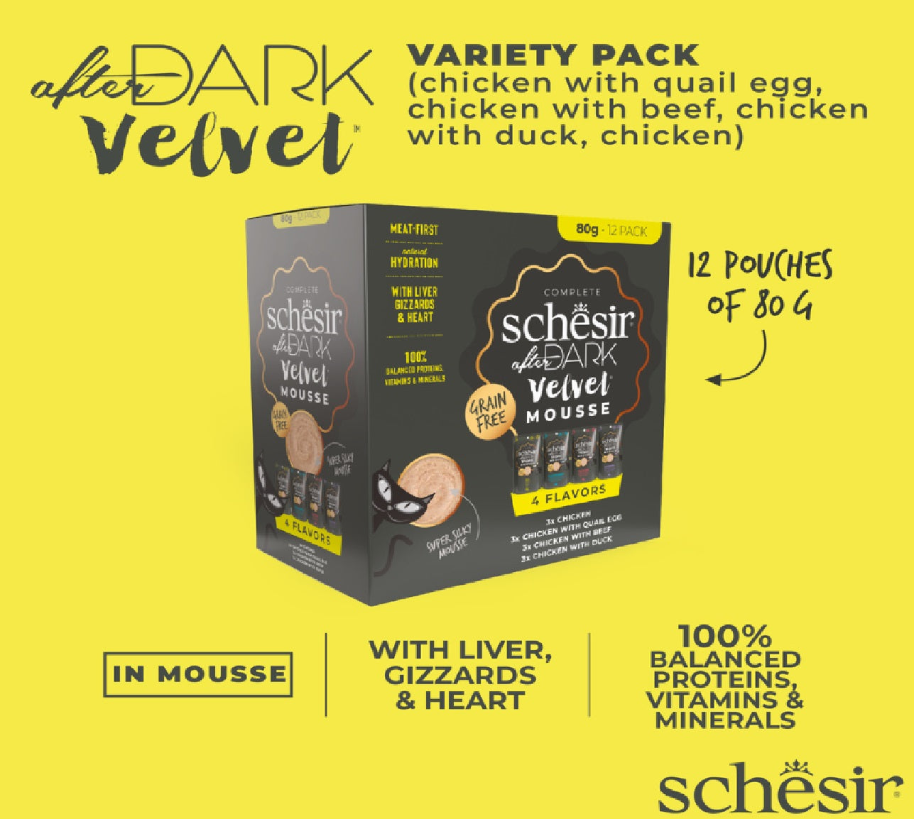 SCHESIR After Dark Velvet Mousse In Broth Variety Pack For Cat 960g (80g x12 Pouch) - 4 Flavors ( 3 Pouch Each Flavor)