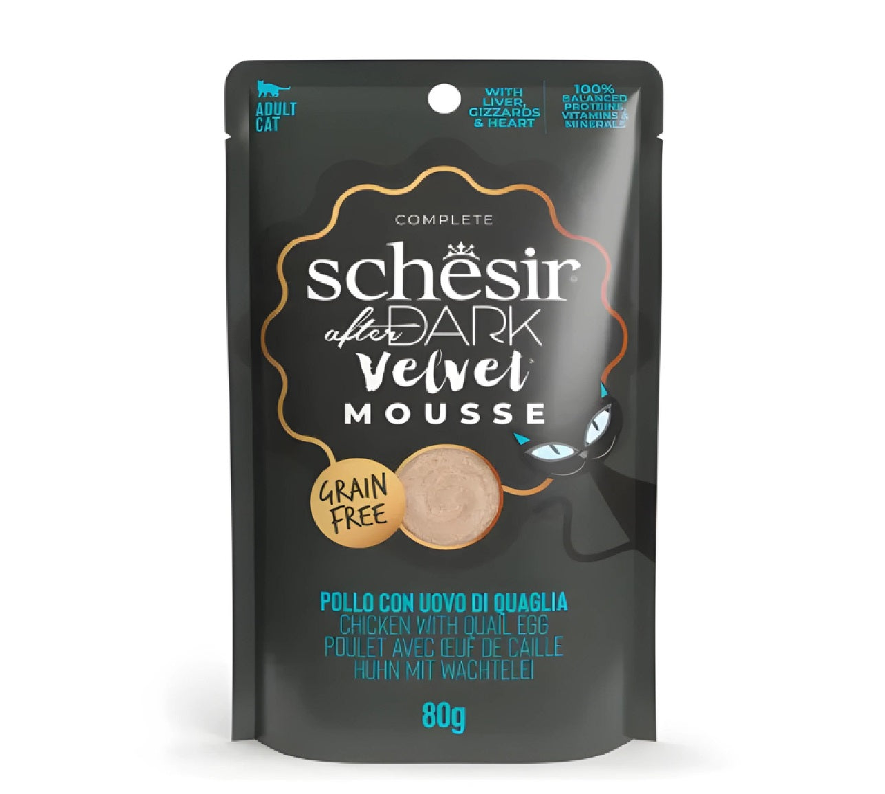 SCHESIR After Dark Velvet Mousse In Broth Variety Pack For Cat 960g (80g x12 Pouch) - 4 Flavors ( 3 Pouch Each Flavor)