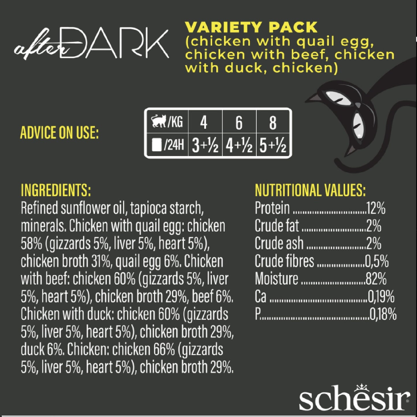 SCHESIR After Dark Wholefood in Broth Variety Pack for Cat 960g (80g x12 Cans) - 4 Flavors (3 Cans Each Flavor)