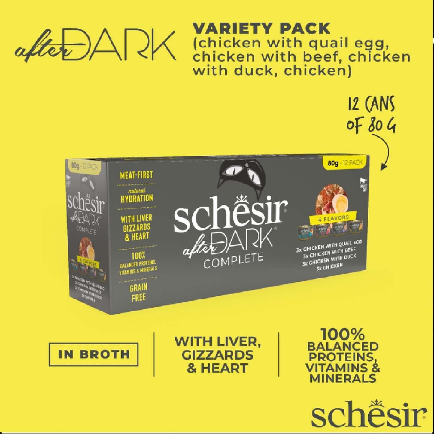 SCHESIR After Dark Wholefood in Broth Variety Pack for Cat 960g (80g x12 Cans) - 4 Flavors (3 Cans Each Flavor)