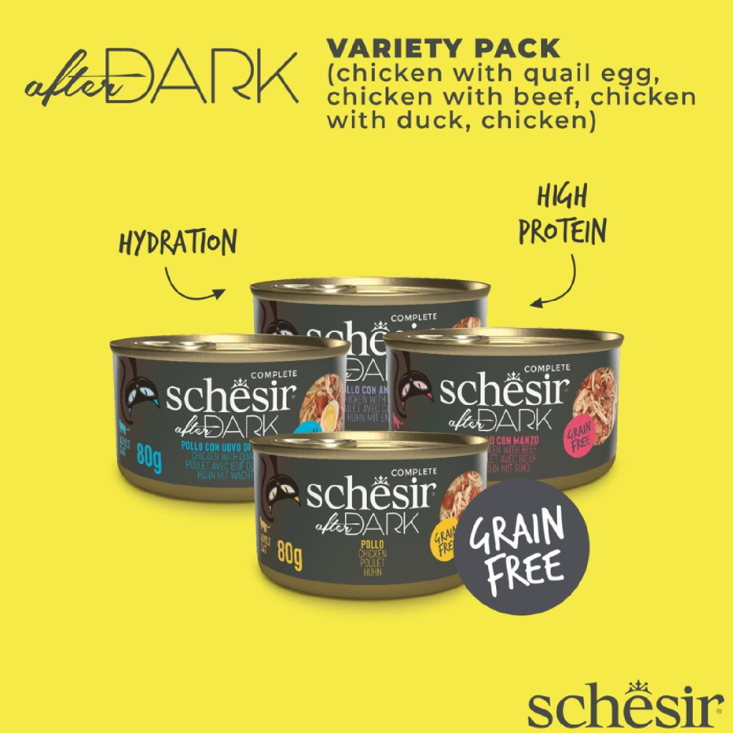 SCHESIR After Dark Wholefood in Broth Variety Pack for Cat 960g (80g x12 Cans) - 4 Flavors (3 Cans Each Flavor)