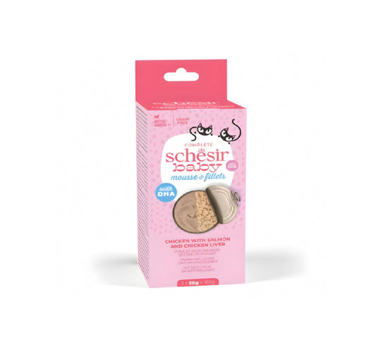 SCHESIR Baby Cat Can Multipack Mousse & Fillets - Chicken With Salmon & Chicken Liver 165g (3 Cans x55g)