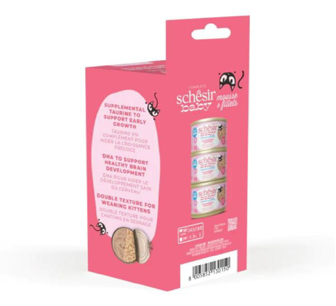SCHESIR Baby Cat Can Multipack Mousse & Fillets - Chicken With Salmon & Chicken Liver 165g (3 Cans x55g)