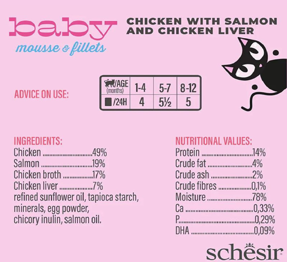 SCHESIR Baby Cat Can Multipack Mousse & Fillets - Chicken With Salmon & Chicken Liver 165g (3 Cans x55g)