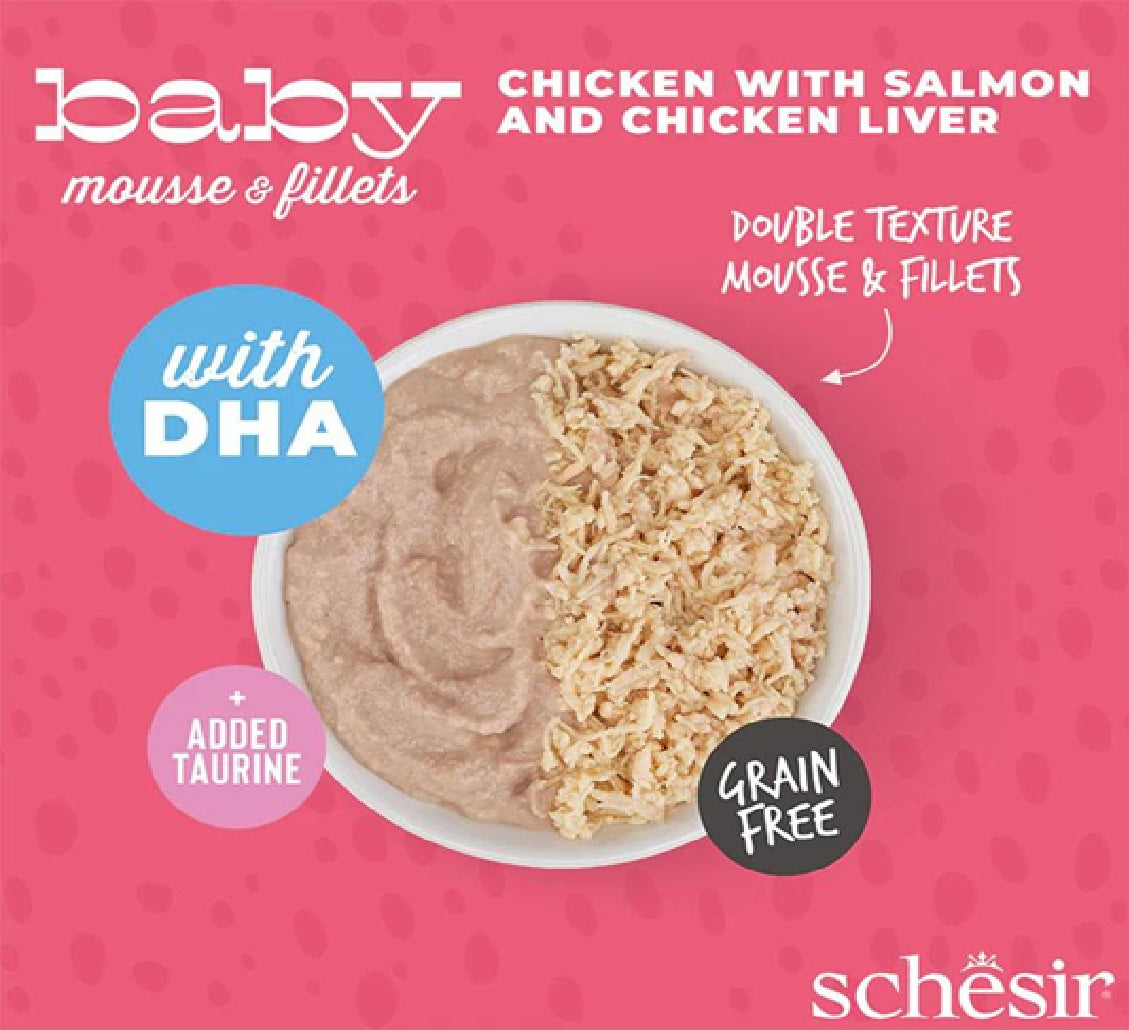 SCHESIR Baby Cat Can Multipack Mousse & Fillets - Chicken With Salmon & Chicken Liver 165g (3 Cans x55g)