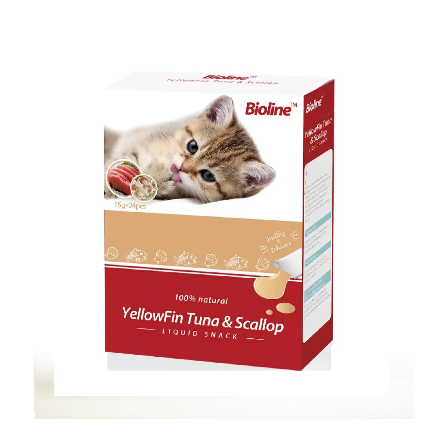 BIOLINE Cat Treats Liquid Snack - Yellow Fin Tuna and Scallop (15g x 24pcs)