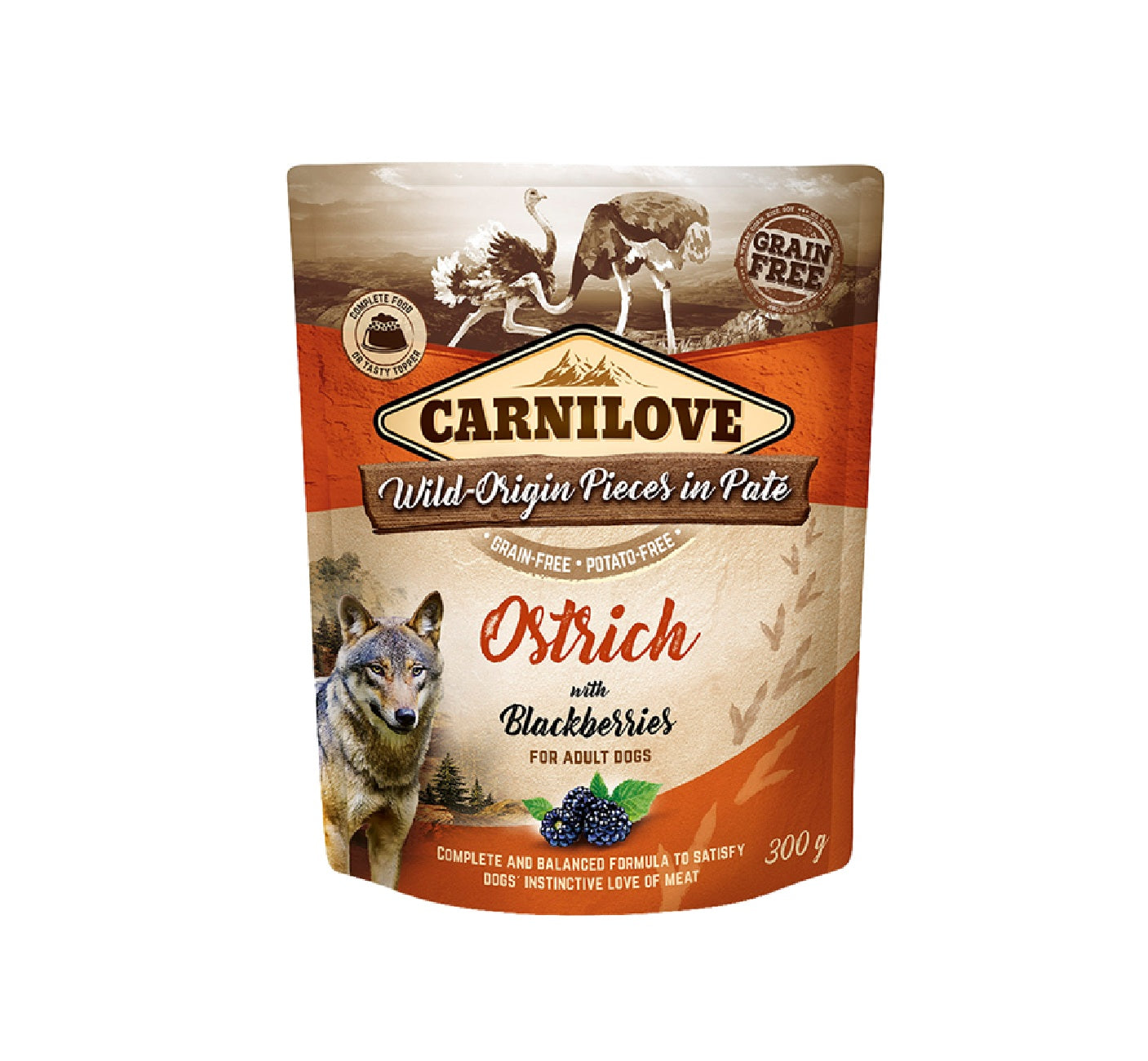 CARNILOVE Ostrich with Blackberries for Adult Dogs (Wet Food Pouches) - 300g