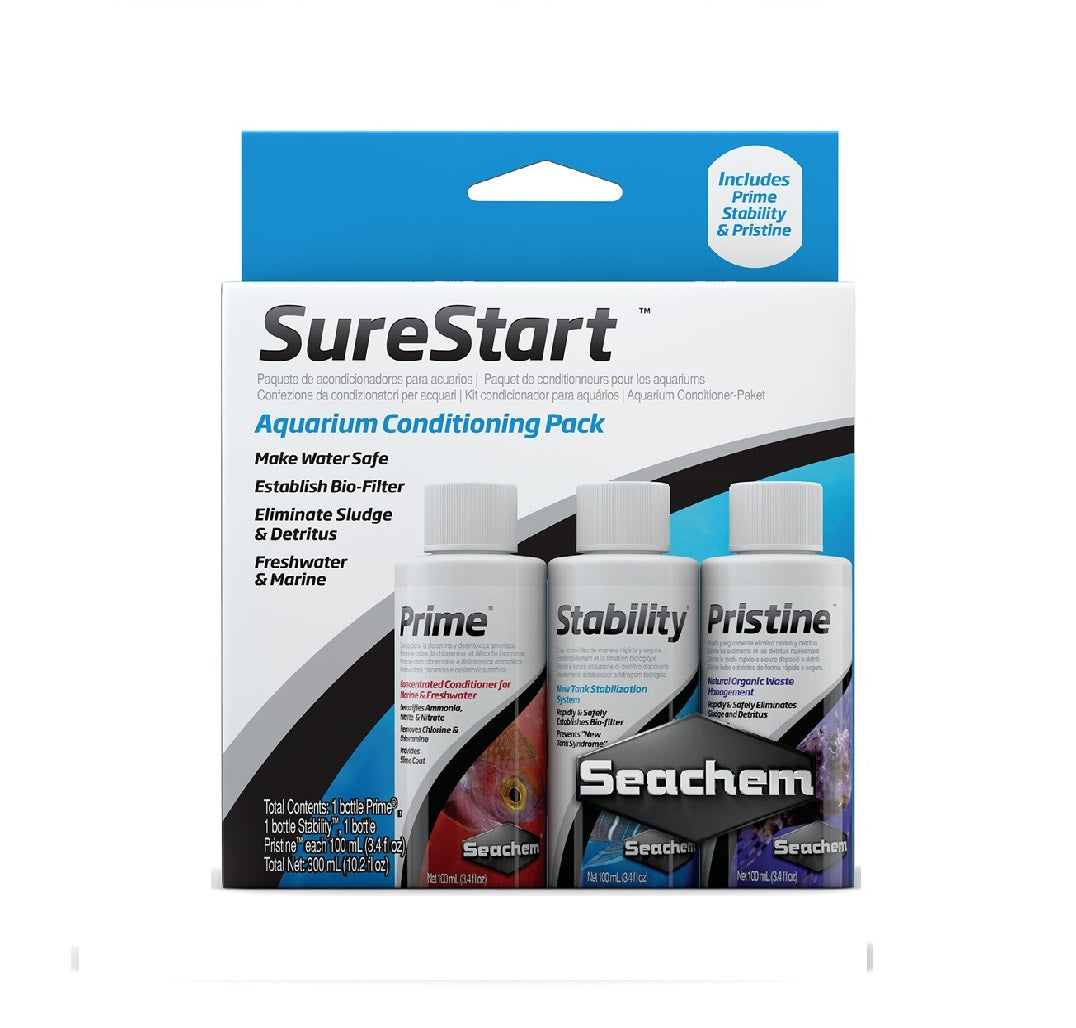 SEACHEM SureStart (Aquarium Conditioning Pack) - Prime 100mL, Stability 100mL and Pristine 100mL