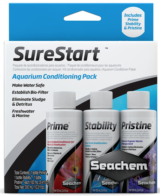 SEACHEM SureStart (Aquarium Conditioning Pack) - Prime 100mL, Stability 100mL and Pristine 100mL
