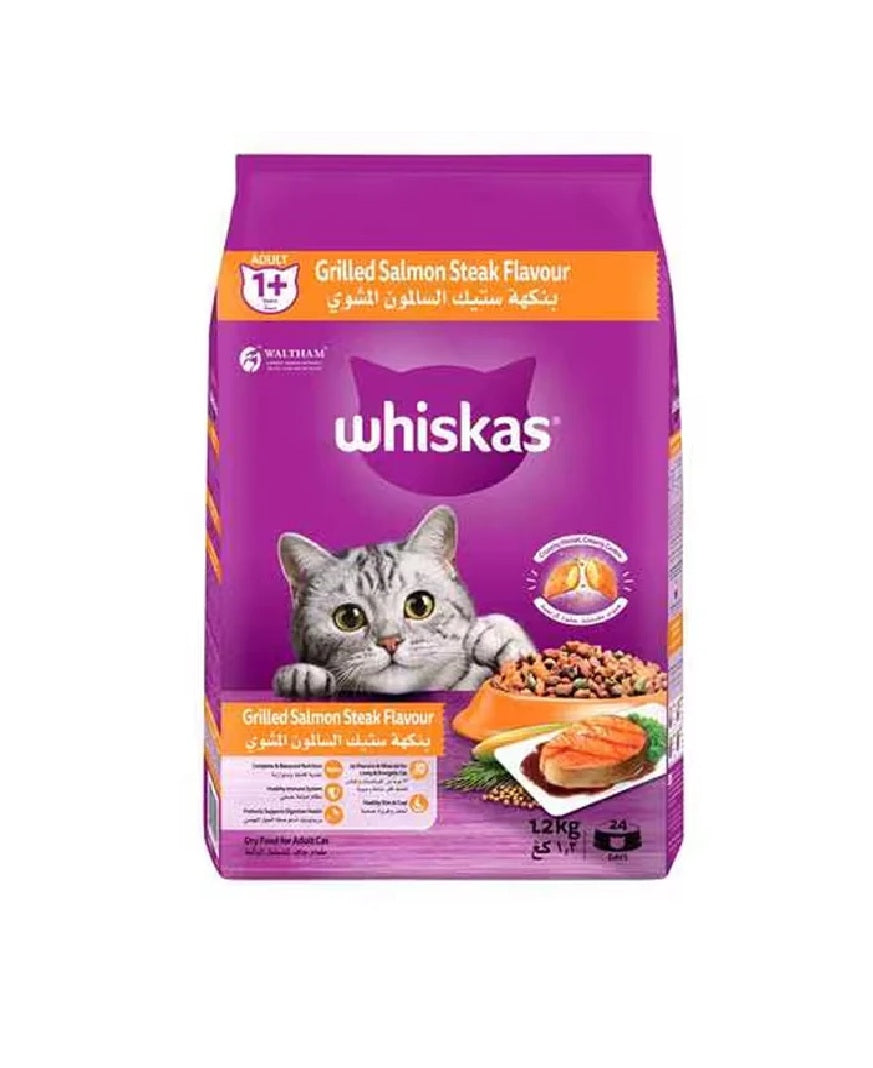 WHISKAS Adult Grilled Salmon Steak Flavour Dry Cat Food - 1.2KG
