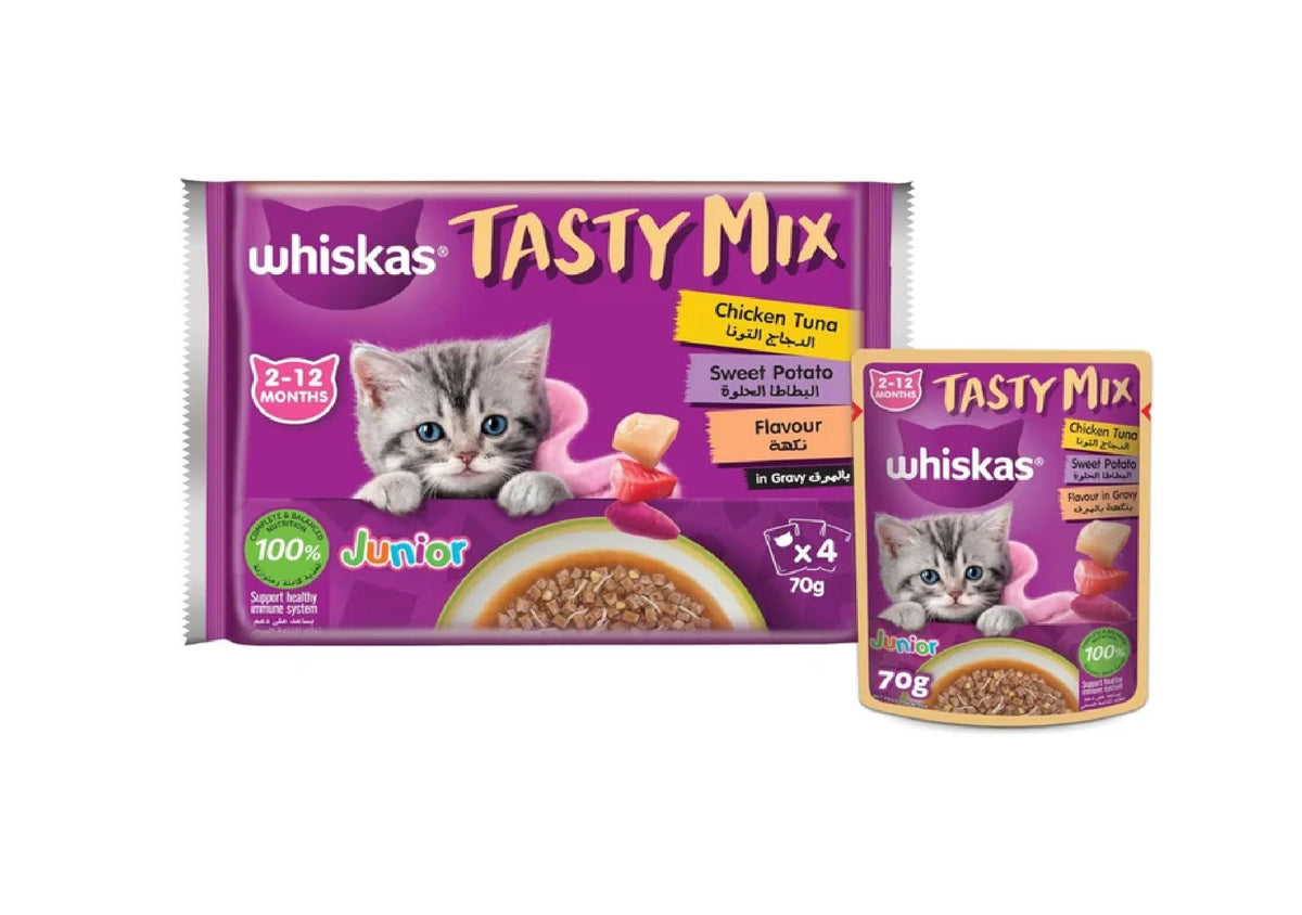 WHISKAS Kitten Tasty Mix Chicken & Tuna in Gravy Wet Cat Food - 4X70G