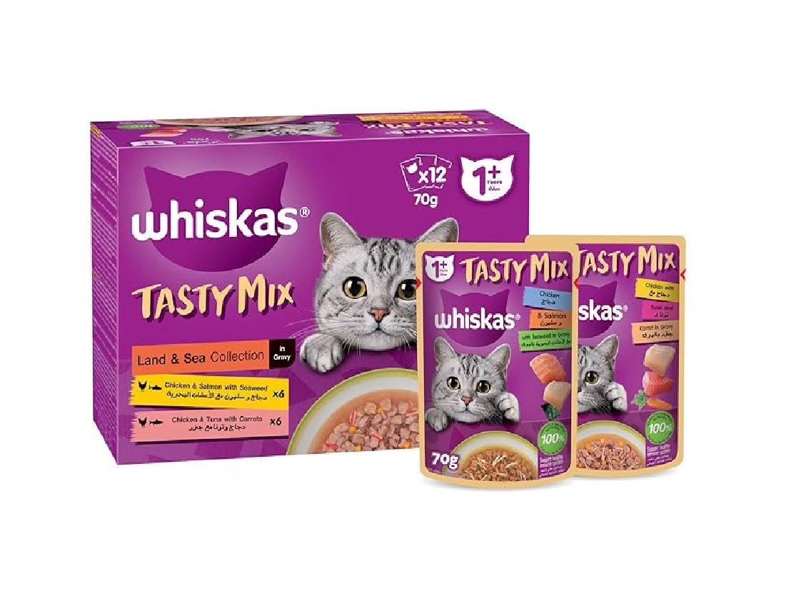 WHISKAS Tasty Mix Land & Sea Collection Wet Cat Food - 12X70G