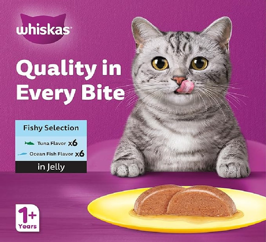 WHISKAS Fishy Selection in Jelly Wet Cat Food 10+2 Multipack - 12X80G